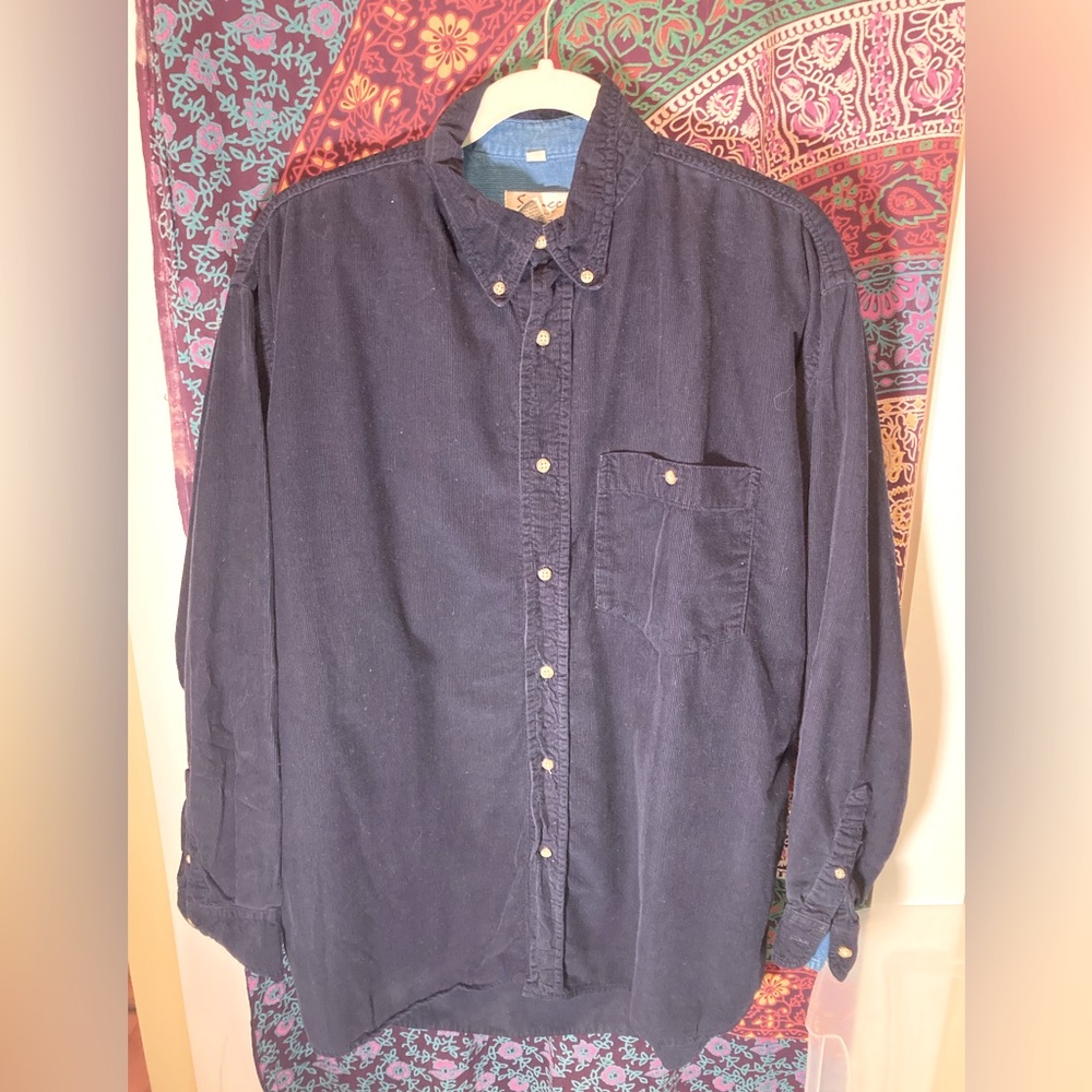 Size L Men’s Vintage Corduroy Navy Blue Button Down Shirt